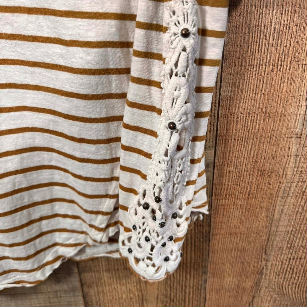 Free People Striped Long Sleeve Top Medium Beaded Lace Cuff Boho Layered Tee - Picture 3 of 5